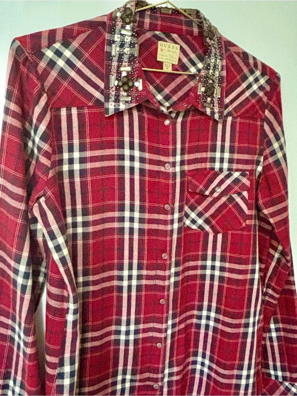 Guess| VTG Red Plaid Snap Down Rodeo Shirt w/Embellished Rhinestone Collar Sz M - Picture 4 of 7